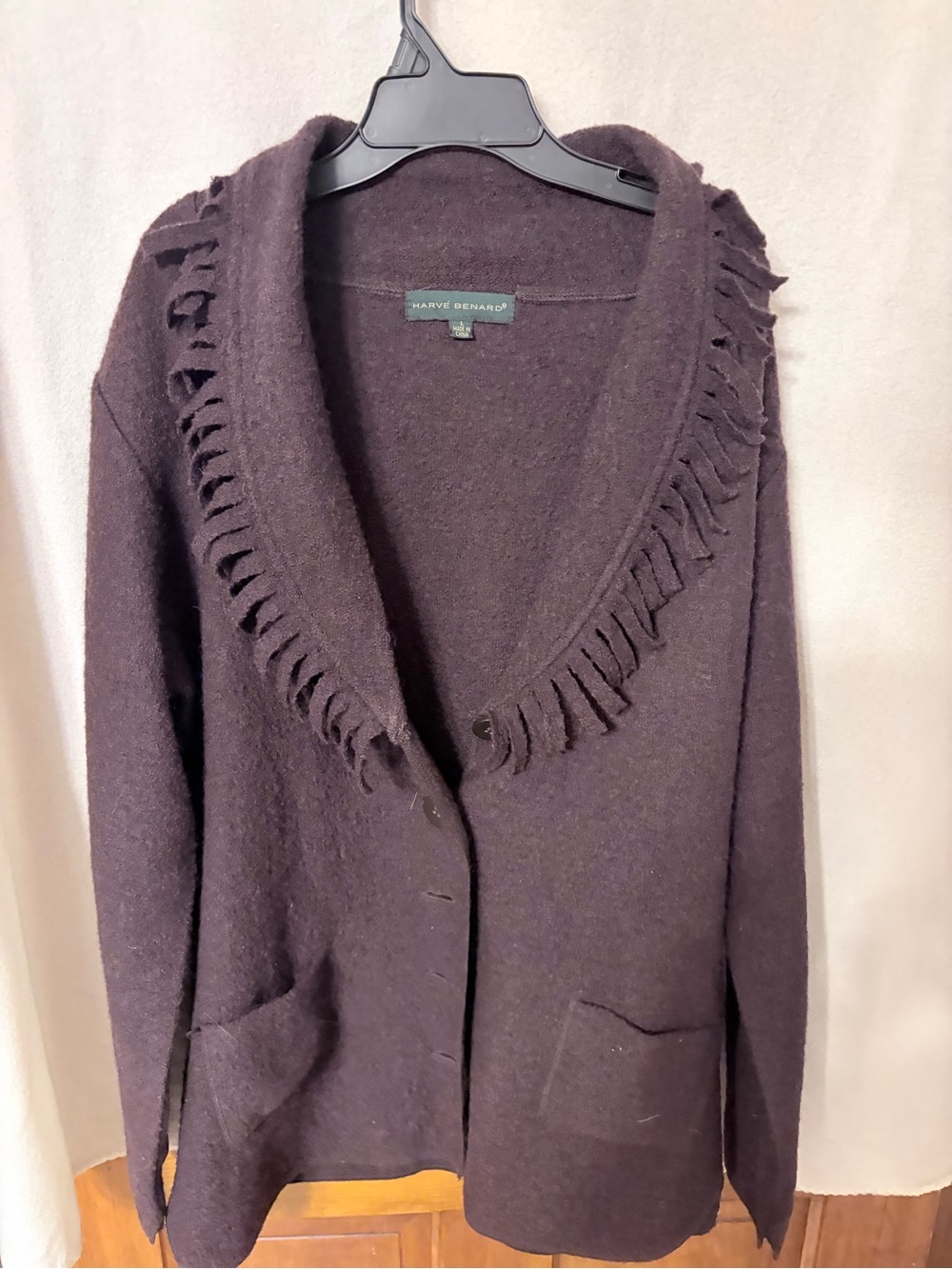 Harvé Benard 100% Wool Fringe V-Neck Cardigan